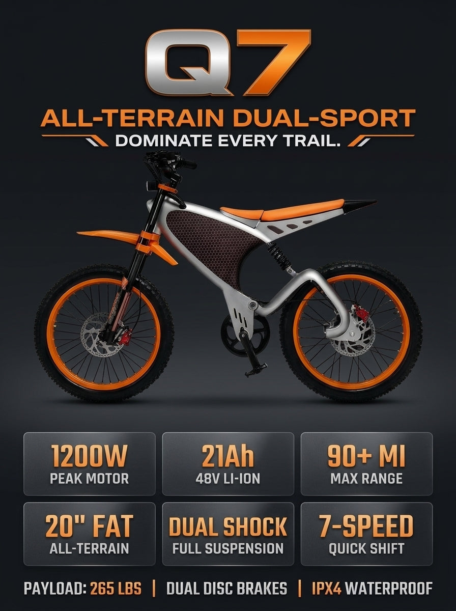 Electric Bike for Adults, 1200W Motor Peak 2400W, 48V 21Ah Battery Long Range E-Bike, 20" Fat Tire All-Terrain Electric Mountain Bicycle, Dual Suspension, 7-Speed, Dual Disc Brakes
