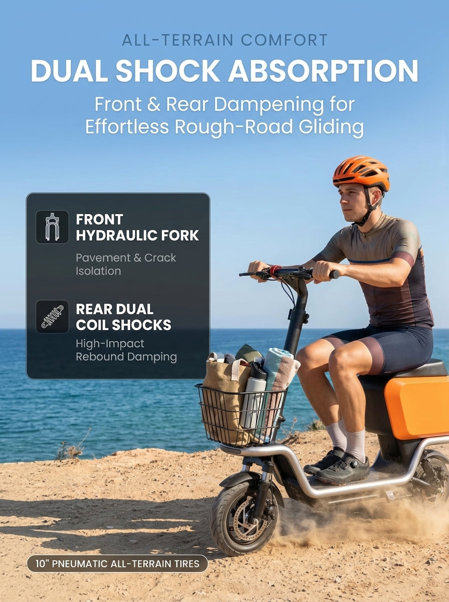 Electric Scooter with Seat for Adults, 350W Motor Seated E-Scooter up to 20 MPH & 25 Miles, 10" Pneumatic Tires, Dual Suspension, Rear Cargo Basket, 265 Lbs Max Load Foldable Commuter Scooter