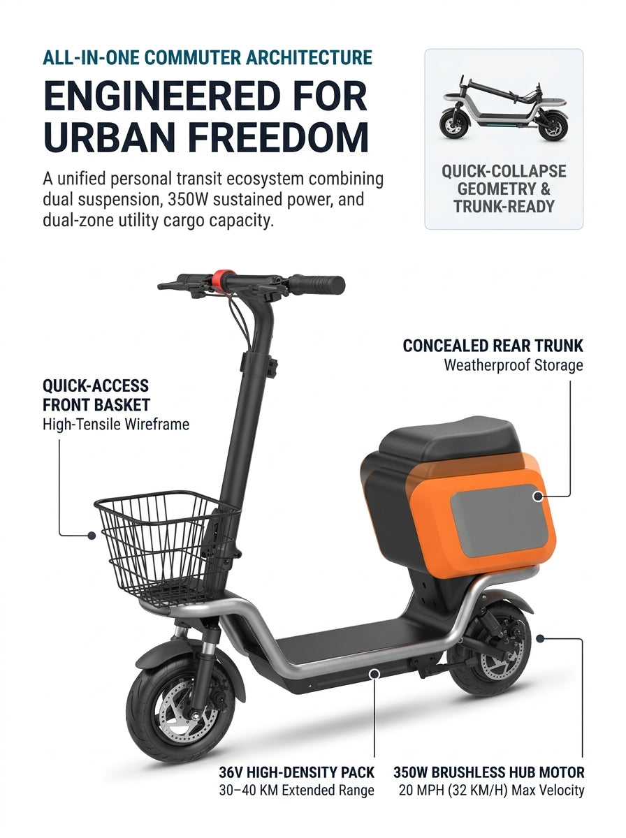Electric Scooter with Seat for Adults, 350W Motor Seated E-Scooter up to 20 MPH & 25 Miles, 10" Pneumatic Tires, Dual Suspension, Rear Cargo Basket, 265 Lbs Max Load Foldable Commuter Scooter