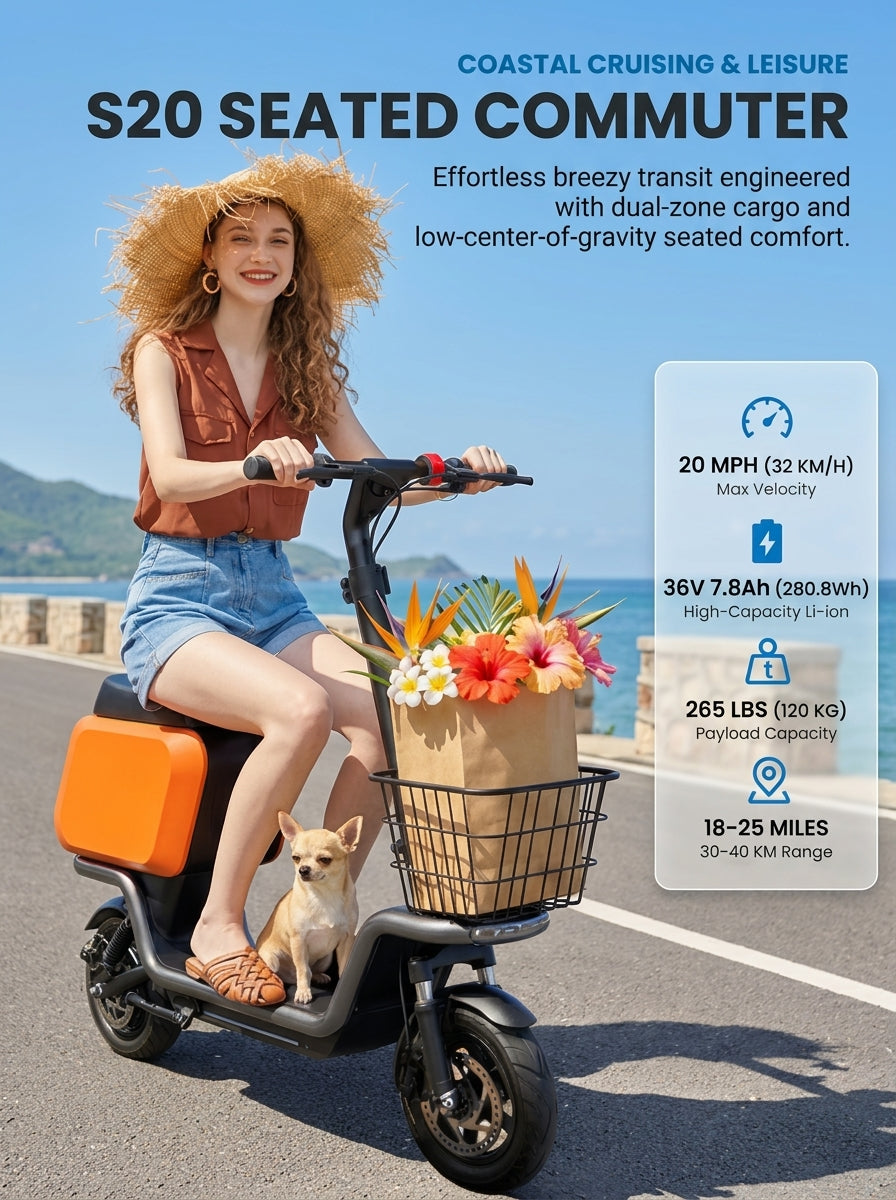 Electric Scooter with Seat for Adults, 350W Motor Seated E-Scooter up to 20 MPH & 25 Miles, 10" Pneumatic Tires, Dual Suspension, Rear Cargo Basket, 265 Lbs Max Load Foldable Commuter Scooter